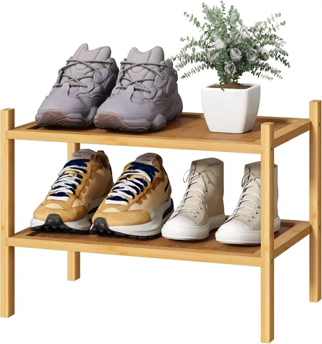 Vista 16 de kiplant Zapatero de bambú negro de 2 niveles, zapatero apilable de madera de bambú para armario, entrada y pasillo