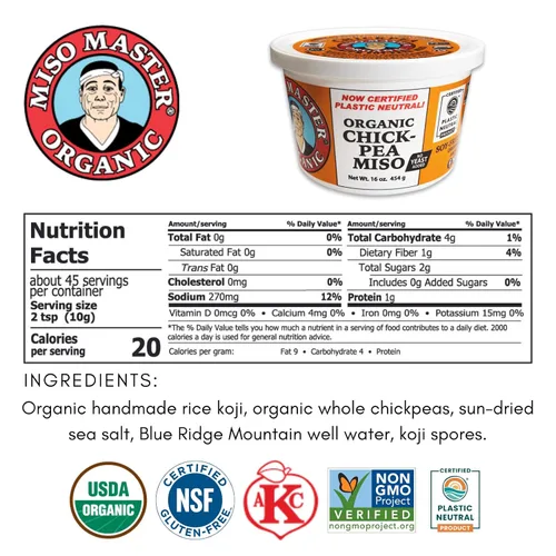 Vista 2 de Miso Master Miso orgánico de garbanzos, sin soja, sin gluten, orgánico, sin OMG, vegano, kosher, pasta de miso blanca vegana, tubo de 16 onzas
