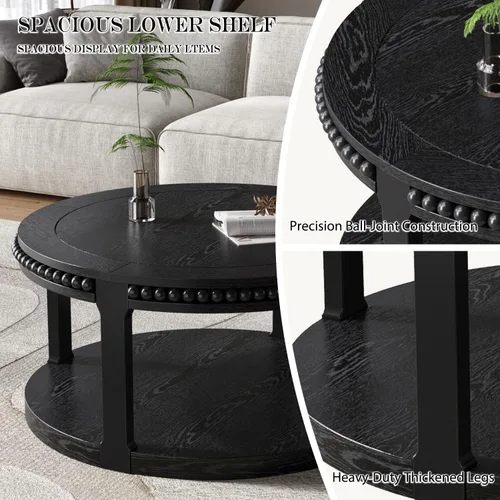 Vista 8 de WILLIAMSPACE Mesa de centro redonda de madera maciza de 31.5 pulgadas con parte superior gruesa de dos niveles, mesa central de madera moderna, mesa