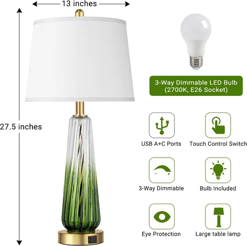 Vista 4 de Lámparas de mesa de vidrio para sala de estar, lámparas de noche modernas con puertos USB A+C, lámpara de mesita de noche de control táctil