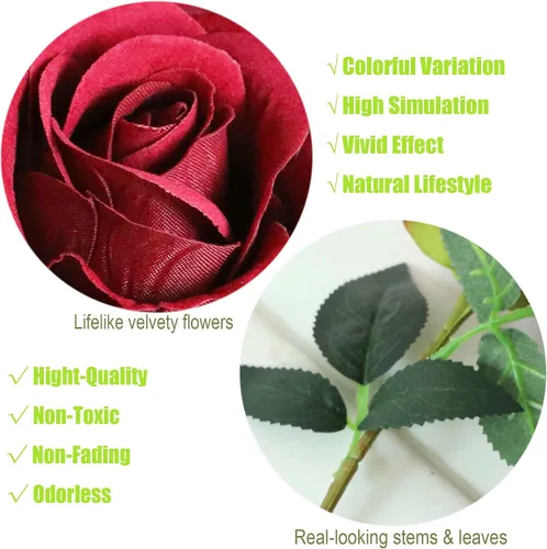 Vista 3 de 12 rosas artificiales de terciopelo de 12 pulgadas con tallo y hojas, flores aterciopeladas para decoración del hogar, centro de mesa, suministro