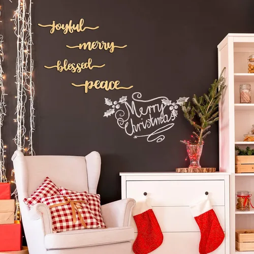 Vista 6 de 12 piezas de letras de madera para decoración de mesa de Navidad, letreros de madera rústicos con texto "Thankful Blessed Merry Joyful Peace