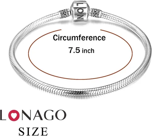 Vista 2 de LONAGO - Pulsera de plata de ley 925 con dije y cierre de barril y cadena de serpiente, compatible con dijes Pandora, regalo de cumpleaños para mujer