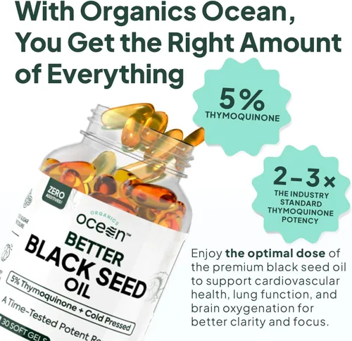 Vista 3 de Organics Ocean Mejor Aceite de Semilla Negra Prensado en Frío - Puro Aceite de Nigella Sativa para el Apoyo Inmunológico - 5% Timoquinona - Apoyo