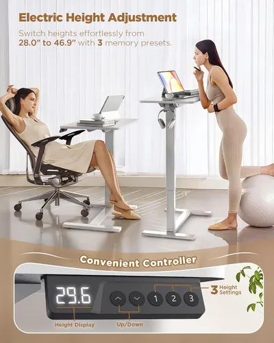 Vista 4 de Mesa eléctrica de 24 x 16 pulgadas, escritorio con ruedas para Blanco