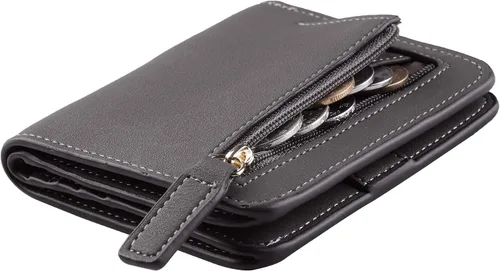 Vista 31 de Toughergun Cartera pequeña de cuero delgada para mujer con protección RFID, mini monedero bifold compacto con ventana de identificación transparente