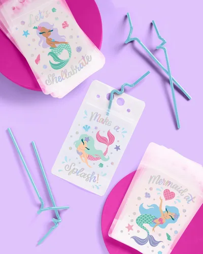 Vista 5 de xo, Fetti Bolsas de bebidas de sirena – 16 unidades Suministros de fiesta de cumpleaños de sirena, baby shower Mermazing, recuerdos de fiesta