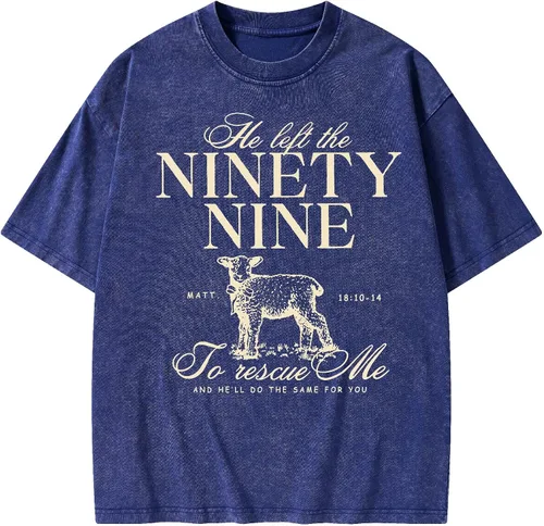 Vista 13 de Camisetas gráficas de verano para mujeres y hombres, de algodón, de gran tamaño, 90 y nueve con ovejas, camiseta cristiana lavada