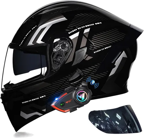 Vista 6 de Casco modular Bluetooth de doble visera para motocicleta, casco integrado abatible de cara completa, con Bluetooth impermeable que puede soportar