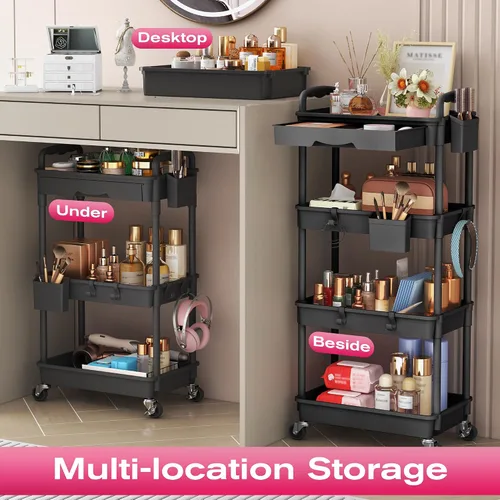 Vista 6 de Goovilla Carrito Organizador de Maquillaje Rodante con Cajón Extraíble, Carrito de Almacenamiento de Cuidado de la Piel de 3 Niveles Estable Negro