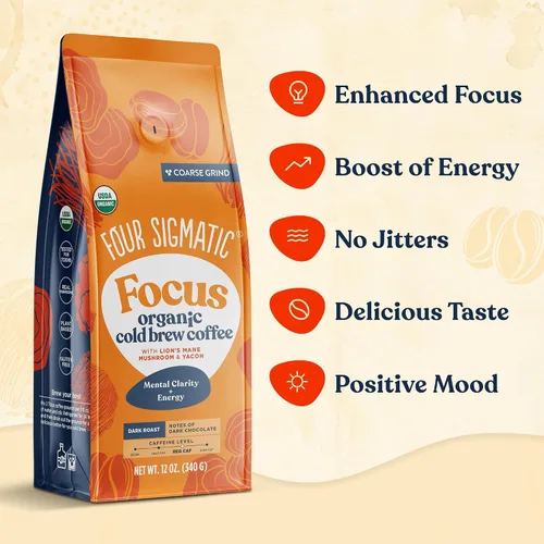 Vista 5 de Four Sigmatic Café Molido Orgánico para Preparación en Frío Tostado Oscuro, Molido Grueso con Melena de León y Chaga Café de Hongos