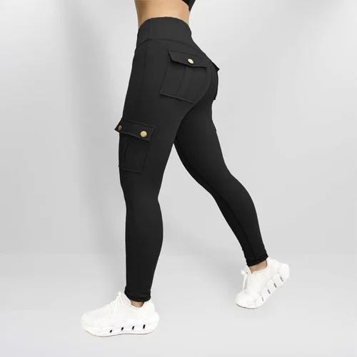 Vista 4 de Pantalones de yoga de cintura alta para mujer, con bolsillos, elásticos, cónicos, para entrenamiento, levantamiento de glúteos, pantalones deportivos