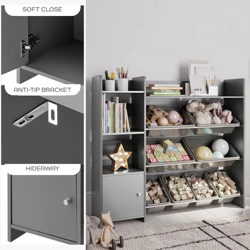 Vista 6 de Sturdis Organizador de almacenamiento de juguetes con estantería, estantería de organización de sala de juegos para niños con contenedores de Gris