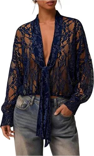 Vista 10 de SOLY HUX Blusa de encaje para mujer, manga larga, malla transparente con lazo frontal Marrón (pure brown)