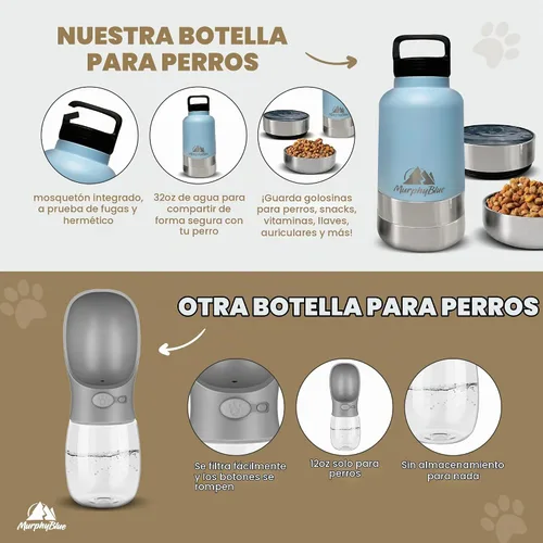 Vista 2 de MurphyBlue Botella de agua para perros 32 onzas de acero inoxidable aislado de capacidad, tapa con mosquetón integrado, cuencos desmontables