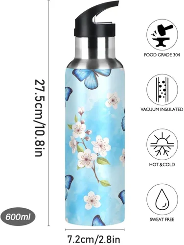 Vista 9 de Blue Butterflies Cherry Blossoms Insulated Water Bottle 32 Oz Leakproof Water Bottles, BPA-Free Sports Water Bottle