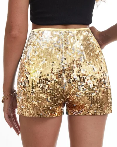 Vista 2 de Pantalones cortos de lentejuelas para mujer, acampanados, cintura alta, elásticos, brillantes, para salir a la noche, para club, fiesta