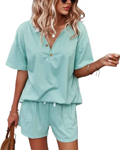 Vista 2 de BZB Womens 2 Piece Short Sleeve Sweatsuit Sets V-neck Pullover and Shorts Solid Color Outfits Tracksuits
