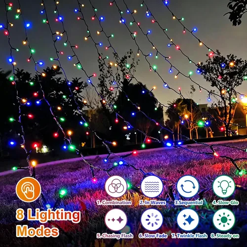Vista 6 de QITONG Paquete de 2 luces solares de Navidad multicolor, cada cadena de 100 luces LED de 33 pies para exteriores, impermeable, 8 modos de cable