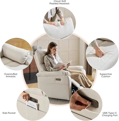 Vista 6 de Silla reclinable eléctrica con soporte lumbar ajustable, sillón reclinable giratorio con reposabrazos sobrerelleno, sillón reclinable para Beige