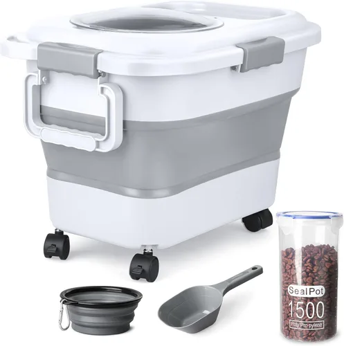 Vista 8 de Contenedor de almacenamiento de alimentos para perros, 10 a 20 libras, hermético, plegable, con ruedas acoplables, asa portátil, cuchara de comida