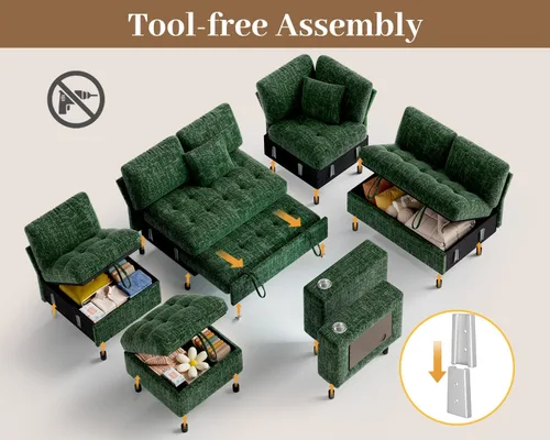 Vista 8 de Vipbear Sofá cama modular de 111 pulgadas, sofá cama modular de 7 asientos con cama extraíble, sofá en forma de L de felpilla con otomana de Verde