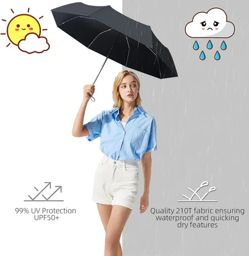 Vista 4 de ESUFEIR Paraguas pequeño de viaje para el sol y la lluvia, plegable, compacto, automático, protección UV, resistente al viento, mochila, coche