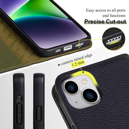 Vista 3 de VISOUL Funda tipo cartera de piel auténtica para iPhone 14, con tapa magnética, con tarjetero y función atril, compatible con iPhone 14