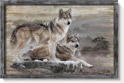 Vista 11 de Arte de Pared Enmarcado de Lobo: Pintura Moderna de Animales Salvajes de Madera Rústica Natural Imagen de Vida Silvestre Obra de Arte de Lobo Gris