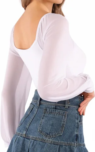 Vista 3 de MANGOPOP Traje de cuerpo de manga larga con cuello cuadrado, holgado, de malla, para mujer