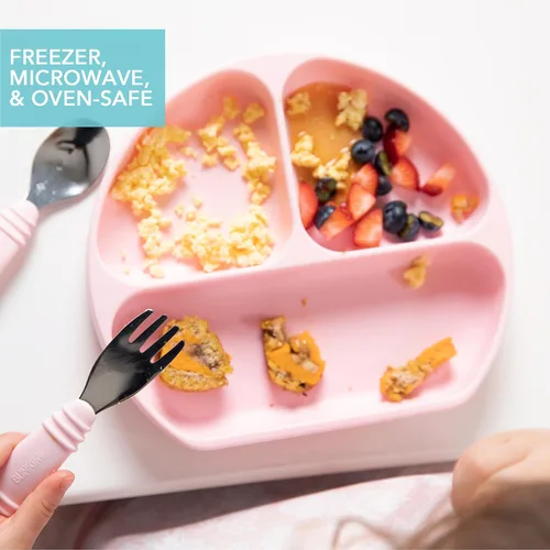 Vista 5 de Bumkins Plato de succión para niños pequeños y bebés, plato de agarre dividido de silicona para bebés y niños, destete LED para bebés, suministros
