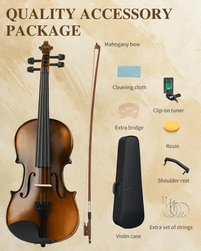Vista 5 de Ktaxon Violín 4/4 para niños y adultos, violín de madera maciza de tamaño completo, violín acústico con estuche portátil y accesorios - Madera
