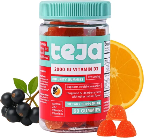 Vista 8 de TEJA Gomitas de apoyo inmunológico para adolescentes con vitamina D, VIT C, zinc y acerola. Suplemento bajo en azúcar, multivitamínico de inmunidad