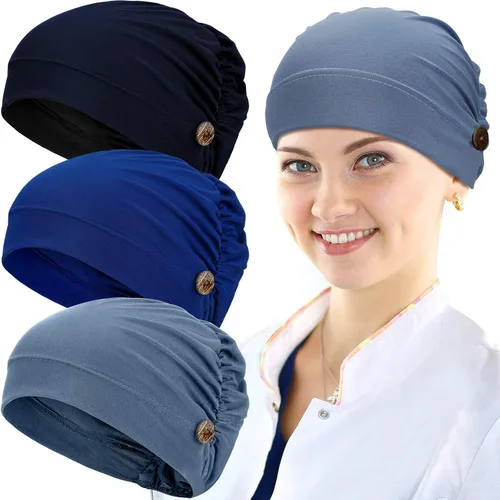 Vista 12 de Geyoga Gorras Bouffant con botones, unisex, elástica, turbante con botones para mujer, 3 piezas, Negro, Talla única