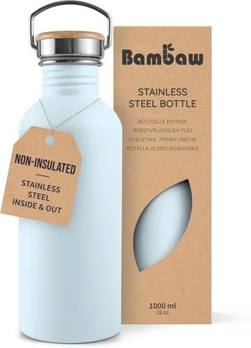 Vista 9 de Bambaw Botella de agua de acero inoxidable de 16 onzas, botella deportiva azul marino, no aislada, de pared simple, botella de agua pequeña de metal