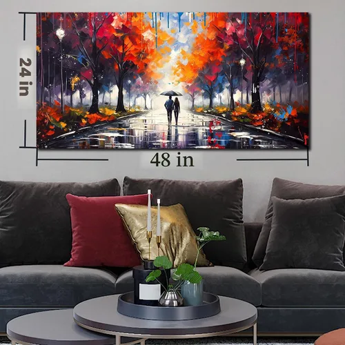 Vista 6 de Lienzo grande para pared de sala de estar, dormitorio, pareja caminando bajo la lluvia, graffiti, árbol rojo, impresiones en lienzo enmarcadas
