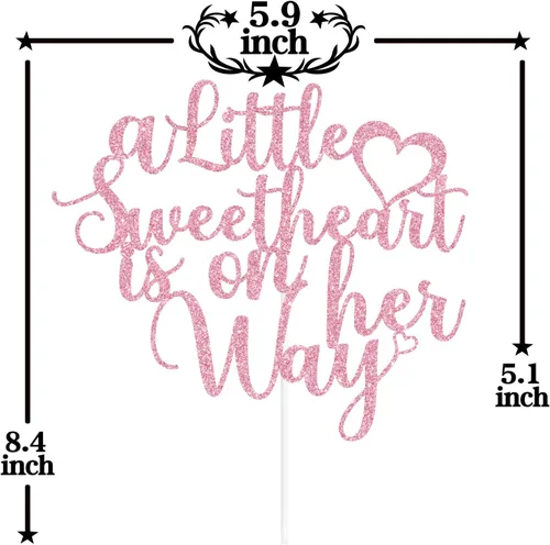 Vista 2 de Decoración para tartas "A Little Sweetheart is on Her Way" con purpurina rosa, nuestra pequeña novia, Oh Baby/Sweet Baby Girl, Día de San Valentín