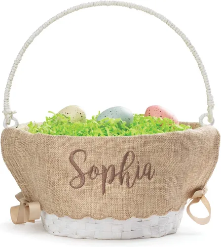 Vista 6 de Cesta de huevo de Pascua personalizada con asa y nombre personalizado en escritura blanca Forro de arpillera con borde festoneado Cestas blancas