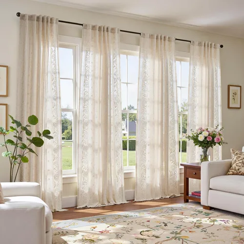 Vista 13 de jinchan Cortinas de lino floral marfil para sala de estar 84" pestaña