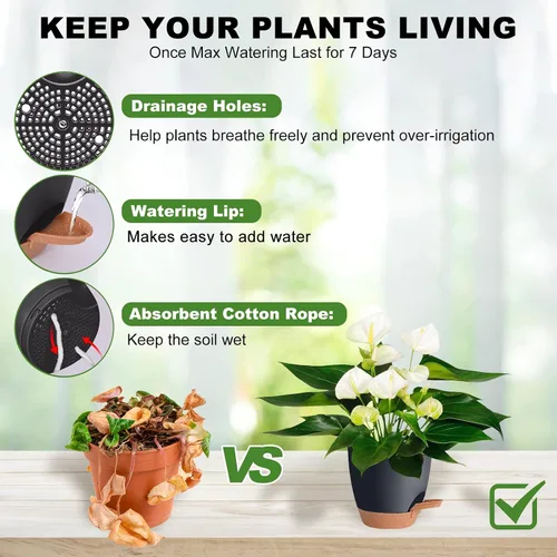 Vista 2 de Vanslogreen Macetas Paquete de 5, Macetas de 7/6.5/6/5.5/5 Pulgadas de Riego Automático con Agujeros de Drenaje para Plantas de Interior, Macetas
