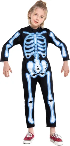 Vista 2 de HSCTEK Disfraz de esqueleto iluminado para niños, disfraz LED de Halloween Azul
