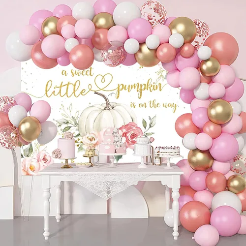 Vista 4 de Avezano Fondo de calabaza para baby shower de 7 x 5 pies para niñas, decoración floral rosa para baby shower, decoración de baby shower con texto