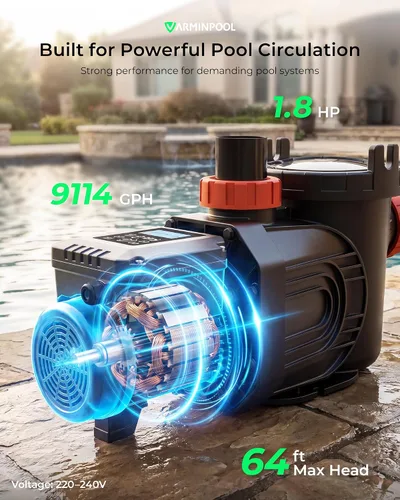 Vista 6 de Bomba de piscina de velocidad variable de 1.8 HP para piscinas elevadas e interiores, hasta 9114 GPH, bomba de piscina inversora de 220 V con motor