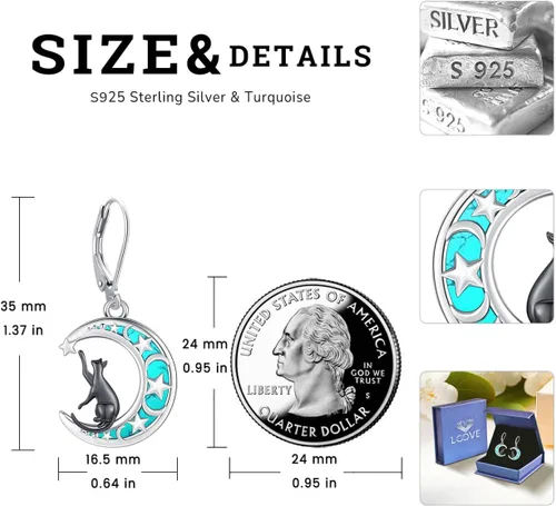 Vista 192 de Aretes colgantes de plata de ley con diseño de árbol de la vida, flor, abeja, animales, gato, colibrí, piedra lunar, turquesa, aretes con cierre