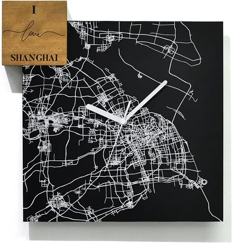 Vista 33 de Modern Wall Clock - Black Aluminum with Silver Fiber Laser Engraving - Square - Contemporary Design - Personalized City Map - Home Town - Location