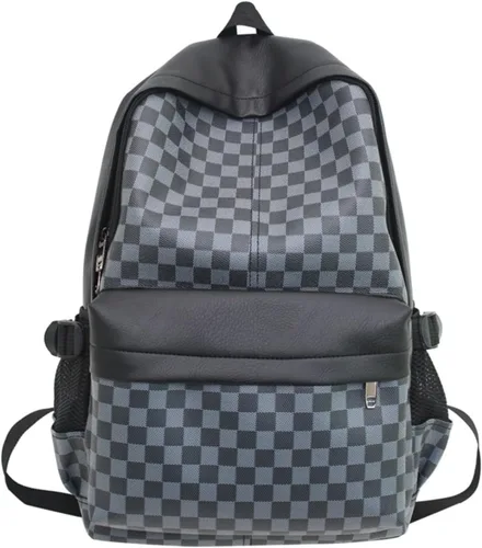 Vista 3 de Mochila estética a cuadros para mujeres y hombres, mochila vintage de piel sintética para laptop, Y2K, a cuadros, Alt Emo, casual