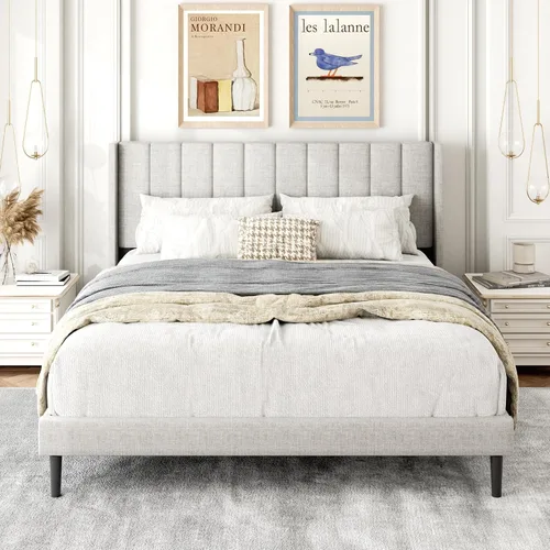 Vista 29 de Gruwans Base de cama de tamaño individual con cabecera tapizada con respaldo de ala, plataforma de fácil montaje, soporte de listones de madera,