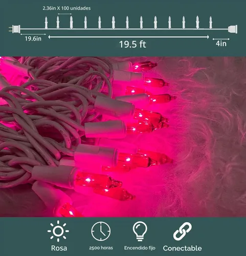 Vista 2 de Luces de Navidad, 100 unidades, luces de cadena rosadas para árbol de Navidad con cable blanco para decoración de Navidad al aire libre e