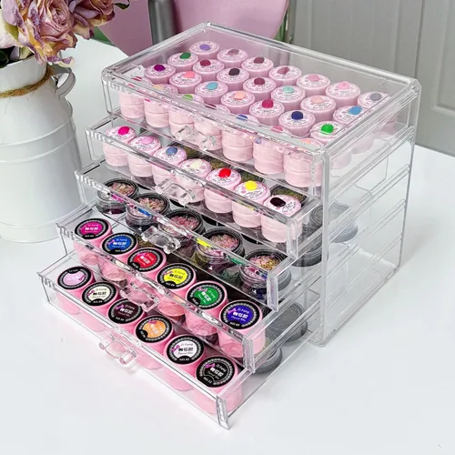 Vista 10 de Caja de almacenamiento de 4 niveles para decoración de arte de uñas, organizador acrílico para maquillaje y joyería con cajones, almacenamiento