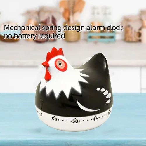 Vista 2 de Bonito temporizador de cocina en forma de pollo, temporizador mecánico de 60 minutos para cocinar, hornear y preparar comidas (negro)